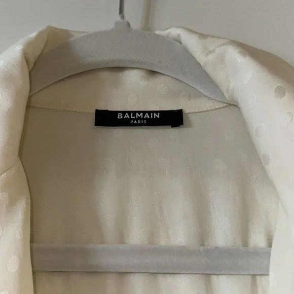 Balmain Rare Logo Plaque Belt Tonal Polka Dot Ruffle Hem Dress In White